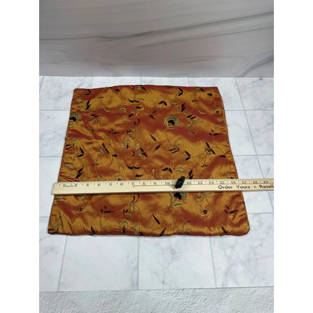 Set of 3 Floral Embroidered Faux Silk Pillow Shams Rust Gold Iridescent 17x17